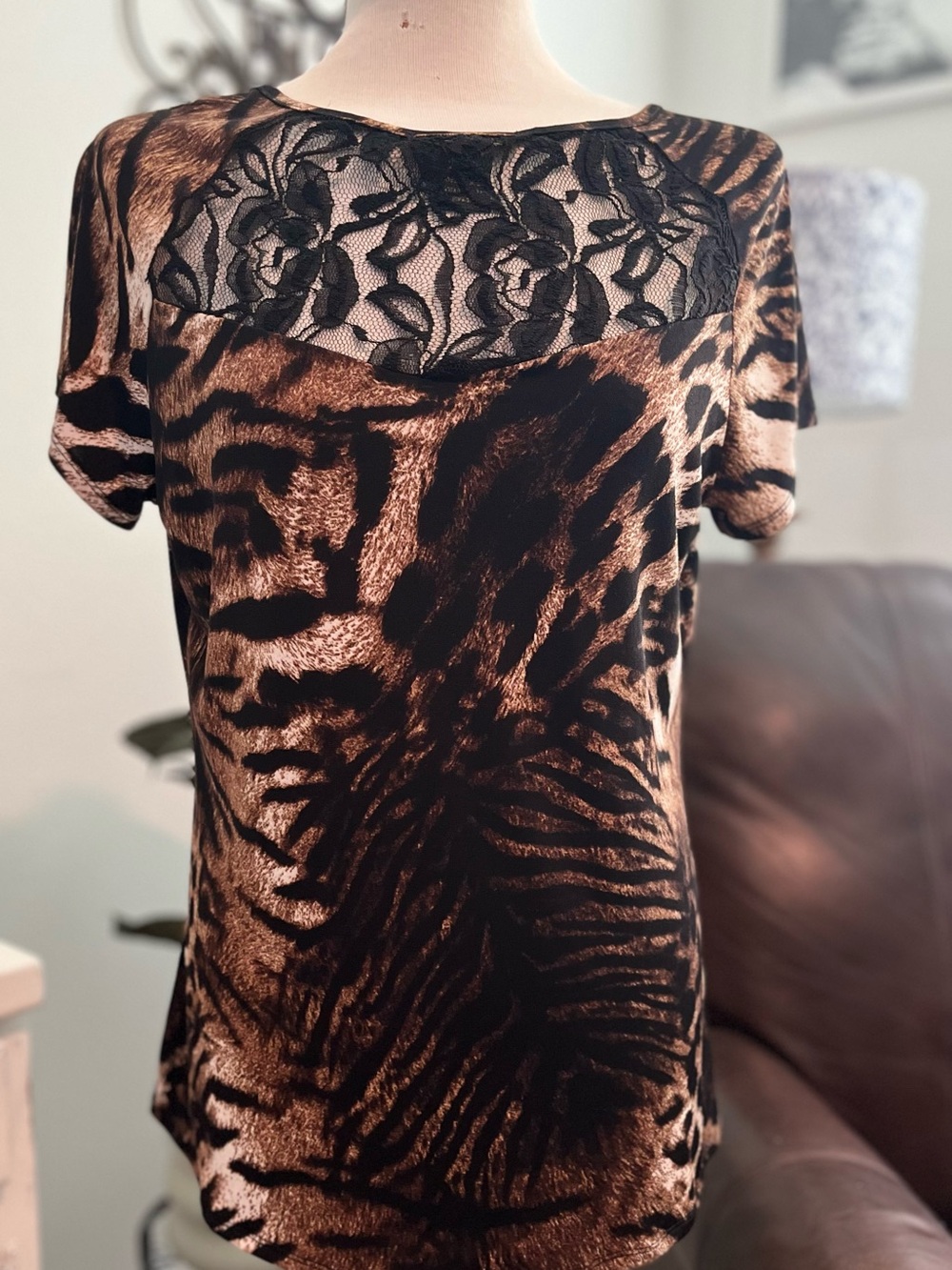 Susan Lawrence Brown & Black Lace Yoke Animal Print Short Sleeve Top